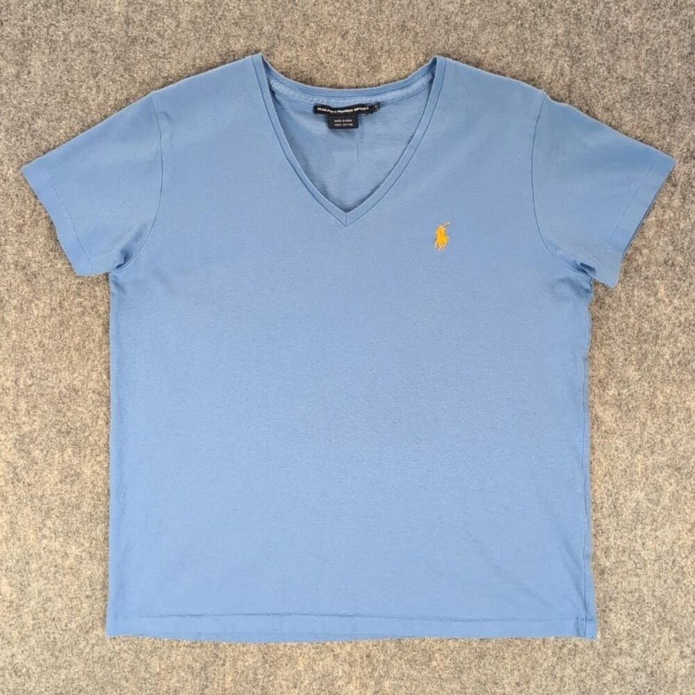Ralph Lauren Sport Shirt Womens Large Blue V-Neck Pony Logo Cotton Tee Top